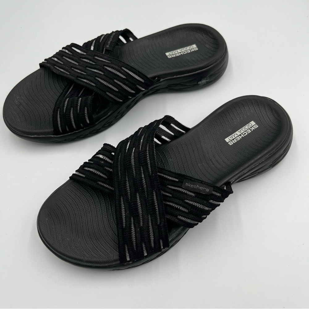 Skechers Sandals Women 8 Black Goga Mat Go Walk Gen5 Strappy Stretch Beach Comfy